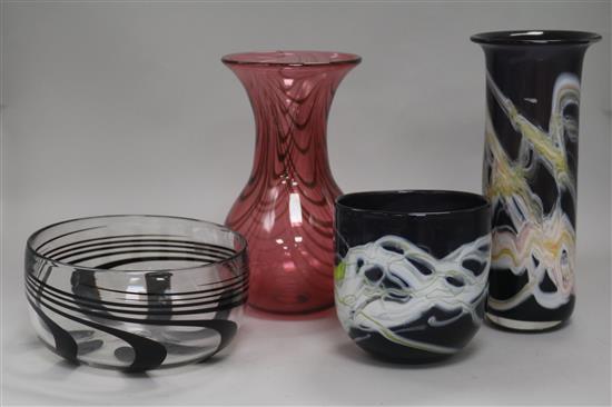 A signed Anthony Stern glass bowl and three Adrian Sankey vases